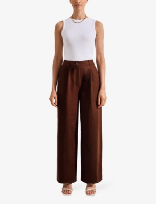 Ro&zo Womens Pleat-front Wide-leg Linen-blend Trousers Brown In Brown