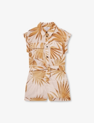 REISS ZOEY PALM-PRINT COTTON-LINEN WOVEN PLAYSUIT 4-9 