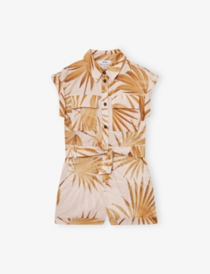 REISS ZOEY PALM-PRINT COTTON-LINEN WOVEN PLAYSUIT 9-13 