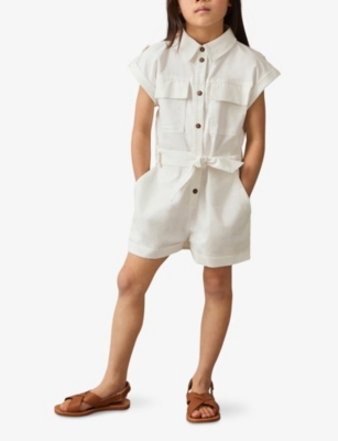 REISS ZOE BELTED COTTON-LINEN WOVEN PLAYSUIT 4-9 