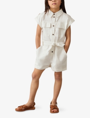 REISS ZOE BELTED COTTON-LINEN WOVEN PLAYSUIT 9-13 