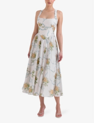 House Of Cb Of Cb Womens Soft Blue Vintage Minerva Floral-print Chiffon Midi Dress In Soft Blue Vintage