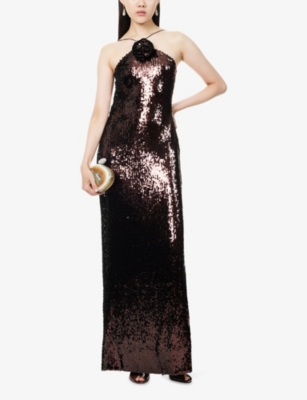 Magda Butrym Womens Brown Halterneck Flower-appliqué Woven Gown In Brown