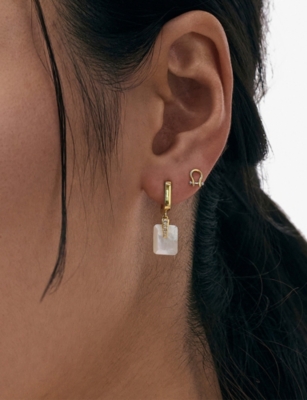 ASTLEY CLARKE WOMENS DECO 18CT YELLOW GOLD VERMEIL, SAPPHIRE AND MOTHER-OF-PEARL DROP HUGGIE EARRINGS 