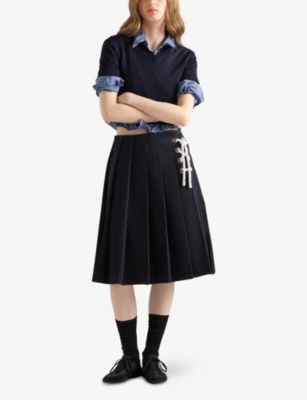 Prada Womens Blue Pleated Lace-up Stretch-cotton Midi Skirt