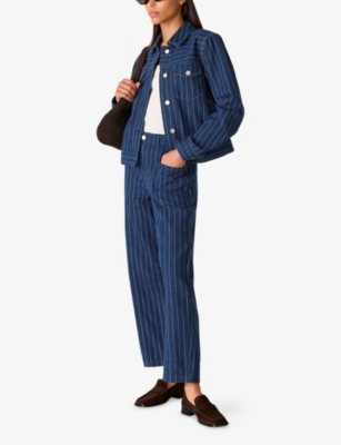Whistles Womens Blue Pinstriped Barrel-leg High-rise Jeans