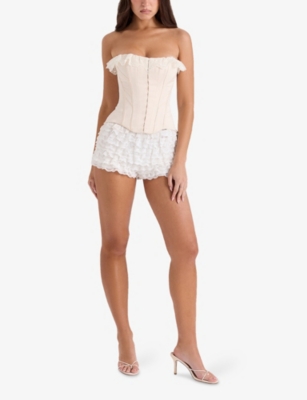 HOUSE OF CB OF CB WOMENS CREAM IDELLA LACE-TRIM STRETCH-SATIN CORSET TOP XS 