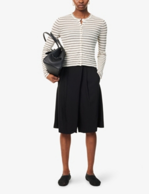 Theory Womens Stripped Cropped Linen-blend Knitted Cardigan Light Parchment Multi Xs In Light Parchment Multi
