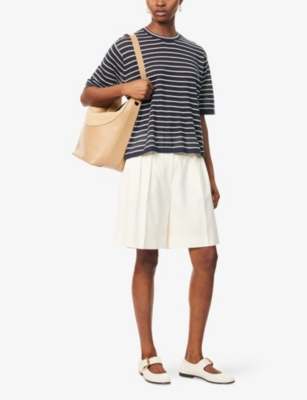 Theory Womens Striped Boyfriend Linen-blend Knitted T-shirt Nocturne Navy Multi In Nocturne Navy Multi