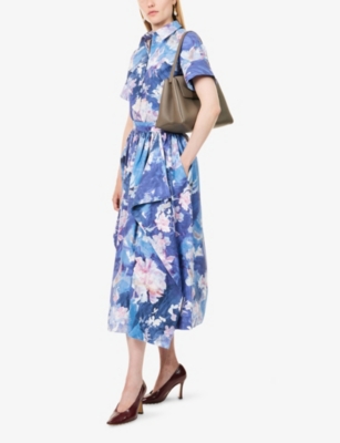 ERDEM WOMENS ERDEM FLORAL PLEATED COTTON-POPLIN MIDI SKIRT 