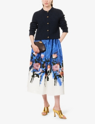 Erdem Womens Rose Cobalt Blue Floral Pleated Cotton-blend Midi Skirt In Blue