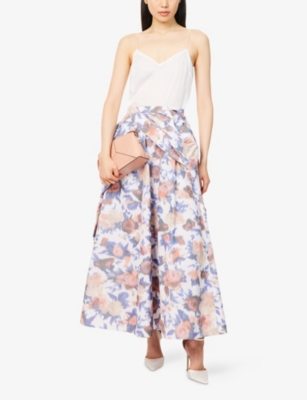 Erdem Womens Painted Rose White Floral Flared Cotton-blend Midi Skirt In Pink