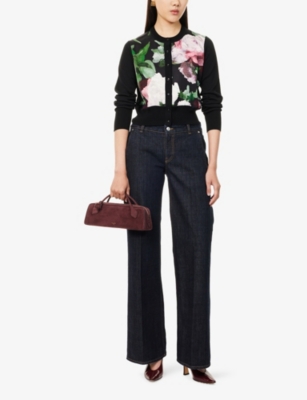Erdem Womens Painted Rose Black Floral Cropped Wool Knitted Cardigan In Black