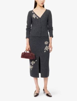 Erdem Womens Dark Grey Melange Embellished Technical-blend Cropped Knitted Cardigan In Brown
