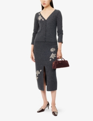 Erdem Womens Dark Grey Melange Embellished Technical-blend Pencil Knitted Midi Skirt In Gray