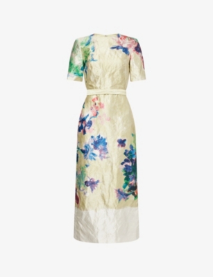 Erdem Womens Garden Venetian Yellow Floral Short-sleeves Woven Midi Dress