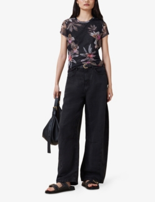 Allsaints Womens Adena Black Ellie Floral-print Stretch-woven Mesh T-shirt