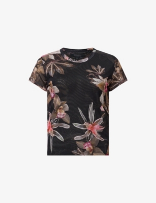 Allsaints Womens Adena Black Ellie Floral-print Stretch-woven Mesh T-shirt