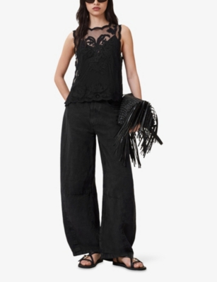 Allsaints Womens Black Rye Regular-fit Embroidered Sleeveless Woven Top In Black