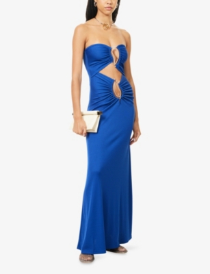 Christopher Esber Womens Yves Blue Paisley Disconnect Cutout Strapless Jersey Maxi Dress In Blue
