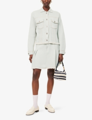 BARRIE: Denim Pleated Cashmere And Cotton Mini Skirt