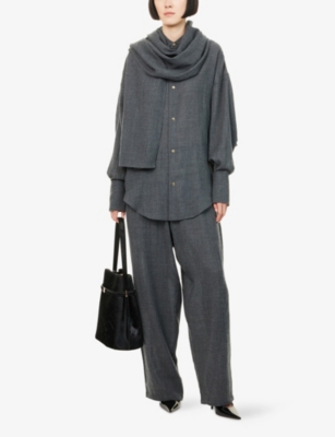 Darkpark Womens Grey Melange Georgia Detachable-scarf Wool Shirt Xs In Gray