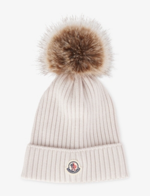 MONCLER: Pom-Pom Ribbed Wool Beanie 4-10 Years