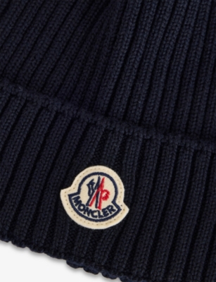 Moncler Navy Brand-badge Ribbed Wool Knit Hat In Black