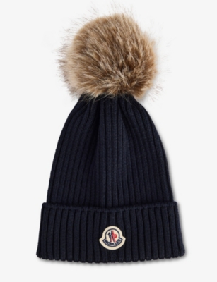 Moncler Kids' Navy Brand-badge Ribbed Wool Knit Hat In Black