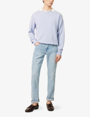 Frame Mens Ribbed Crewneck Cashmere Jumper Baby Blue In Baby Blue