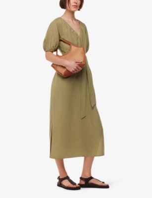 Whistles Womens Khaki/olive Ariella V-neck Lyocell And Linen Midi Dress
