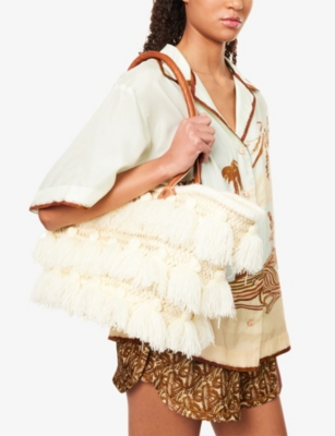 BOUTIQUE BONITA WOMENS NEUTRAL TASSEL STRAW BASKET TOTE BAG 