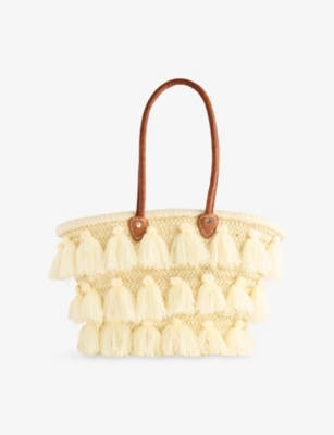 BOUTIQUE BONITA WOMENS NEUTRAL TASSEL STRAW BASKET TOTE BAG 