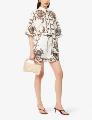Shop Zimmermann Womens Ivory Chocolate Ascension Embroidered Linen Shorts