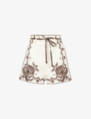 Shop Zimmermann Womens Ivory Chocolate Ascension Embroidered Linen Shorts