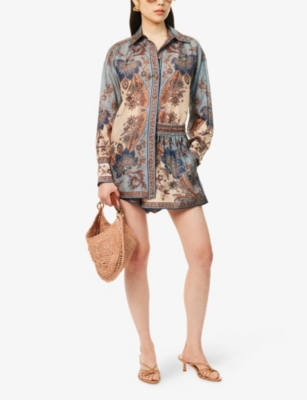 Shop Zimmermann Womens Ascension Manstyle Graphic-pattern Silk Shirt Blue Cream Indienne Xxs