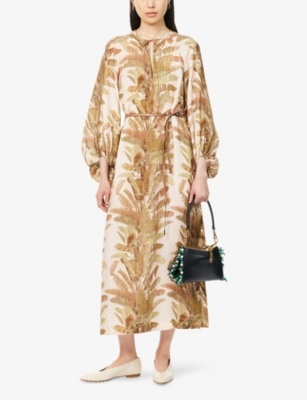 Zimmermann Ascension Brown Dress With Puffed Sleeves And All-over Palm Print In Linen Woman In Multi