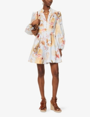 Shop Zimmermann Womens Light Blue Palm Floral Ascension Plunge Linen Mini Dress