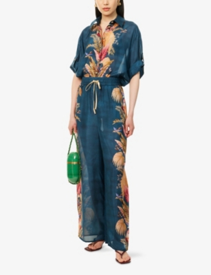Zimmermann Womens Dark Blue Palm Floral Ascension Relaxed-fit Silk Shirt Xs In Multi