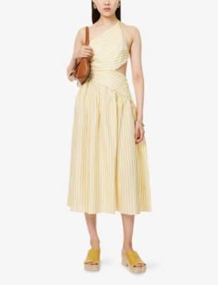Zimmermann Womens Yellow Stripe Stripe-print Asymmetric Linen Midi Dress Xs