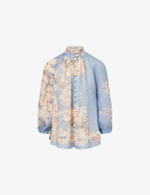 Zimmermann Womens Cascadian Billow Floral Woven Blouse Teal Blue Botanical
