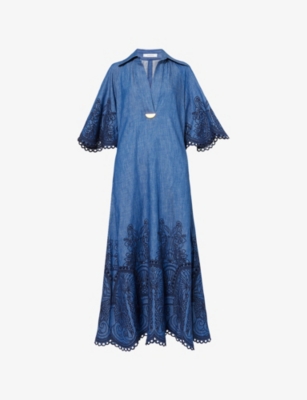 ZIMMERMANN: Coco Embroidered Denim Maxi Dress