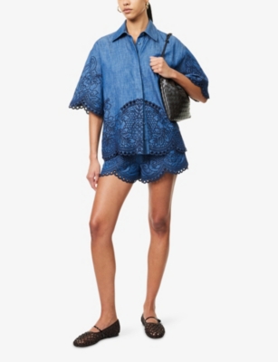 Shop Zimmermann Womens Railway Blue Coco Embroidered Denim Shirt Xs