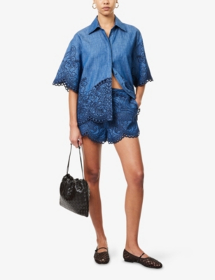 Shop Zimmermann Womens Railway Blue Coco Embroidered Denim Shorts