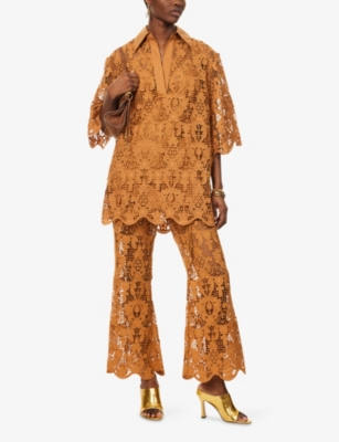 ZIMMERMANN WOMENS BISCUIT COCO LACE FLARED WOVEN TROUSERS 
