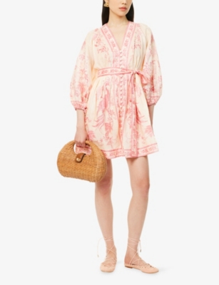 Zimmermann Lucky Pink Mini Dress With V Neck And All-over Floral Print In Linen Woman