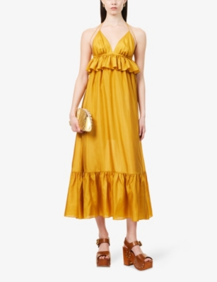 Zimmermann Rhiannon Tiered Ruffle Peplum Silk Maxi Dress In Gold