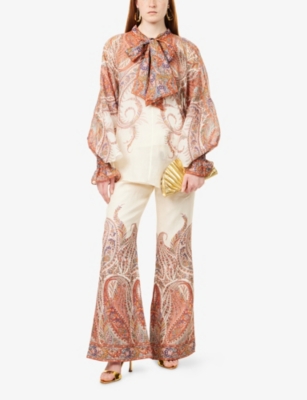 Zimmermann Womens Cream Paisley Rhiannon Self-tie-collar Woven Blouse Xxs In Brown