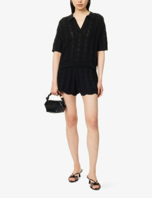 Soft Goat Womens Regular-fit Polo-collar Cotton-and-cashmere Top Black Xs