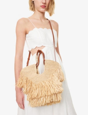 ZIMMERMANN: Goldentime Small Fringed Raffia Tote Bag